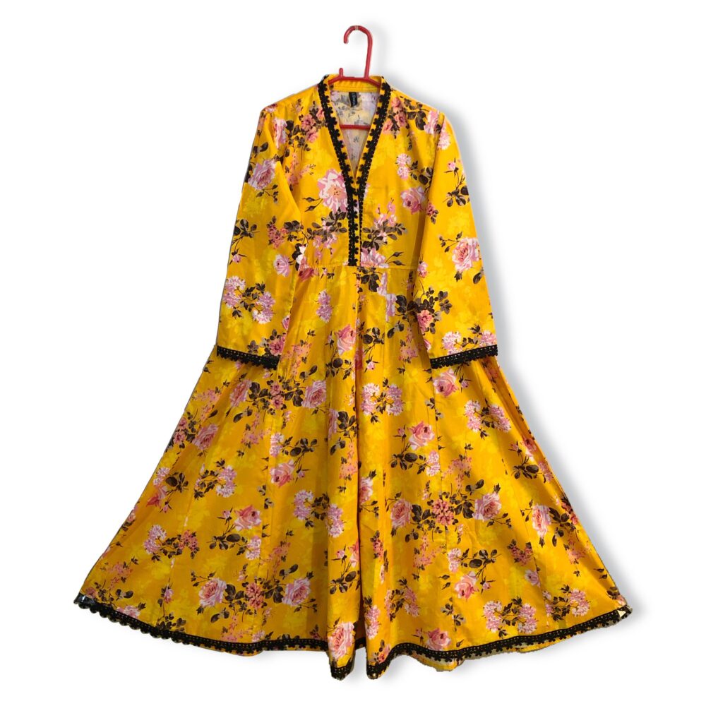 MC-0004 women’s lawn printed lace work kali long frock - Image 4