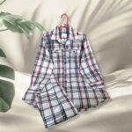WC-0007 Women's two piece cotton front open shirt with bell bottom suit