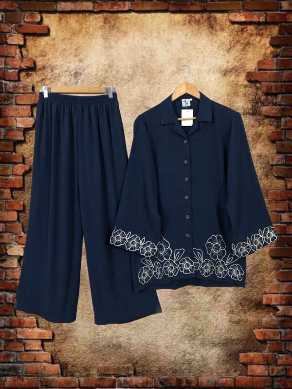 SC-0002 women’s two piece crepe front open embroidered top with palazzo suit - 4, M