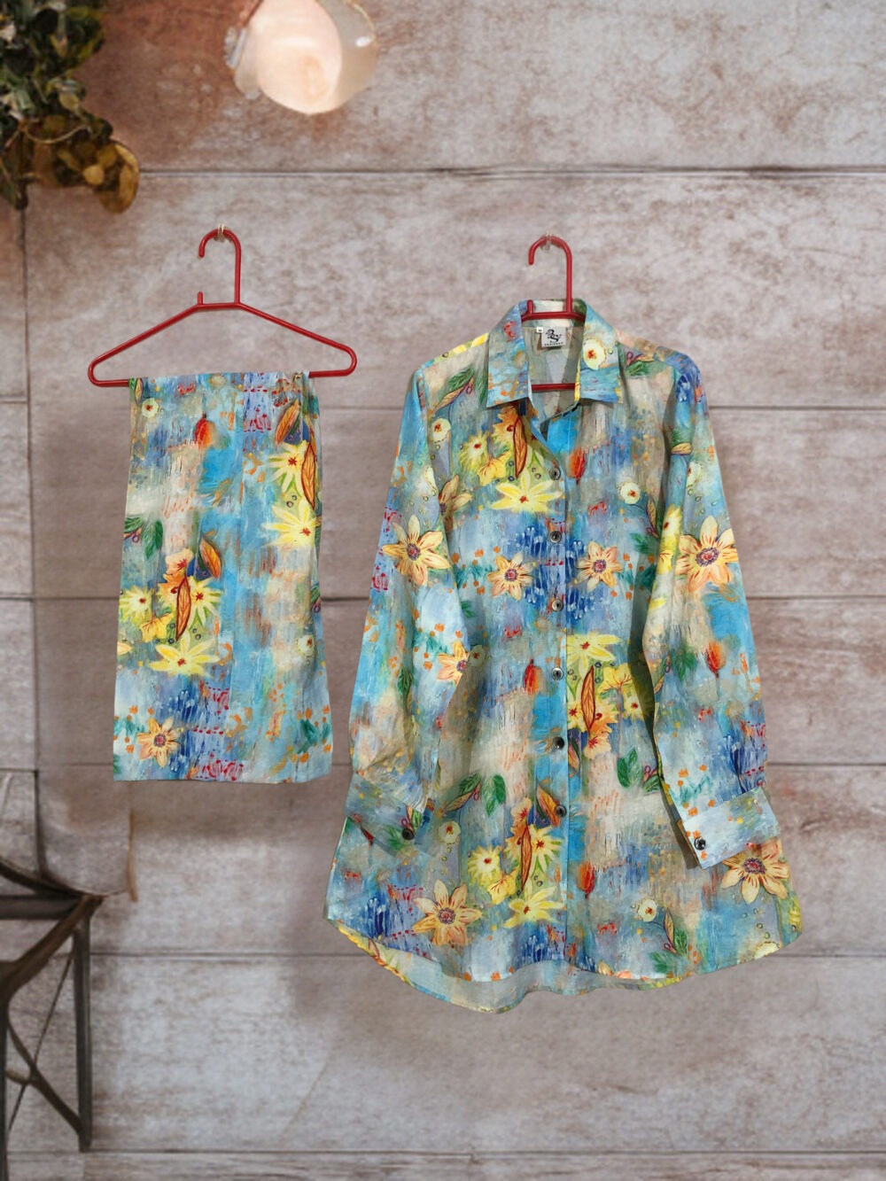 SC-0018 Women’s two piece poly lawn printed front open tale top with palazzo suit - Image 2