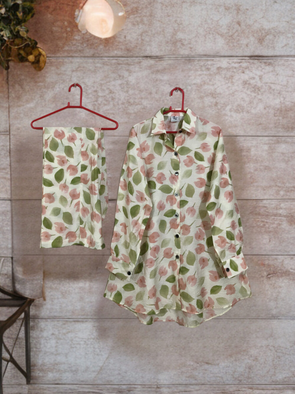SC-0018 Women’s two piece poly lawn printed front open tale top with palazzo suit
