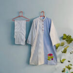SC-0020 Women’s two piece cotton front button flower embroidered suit