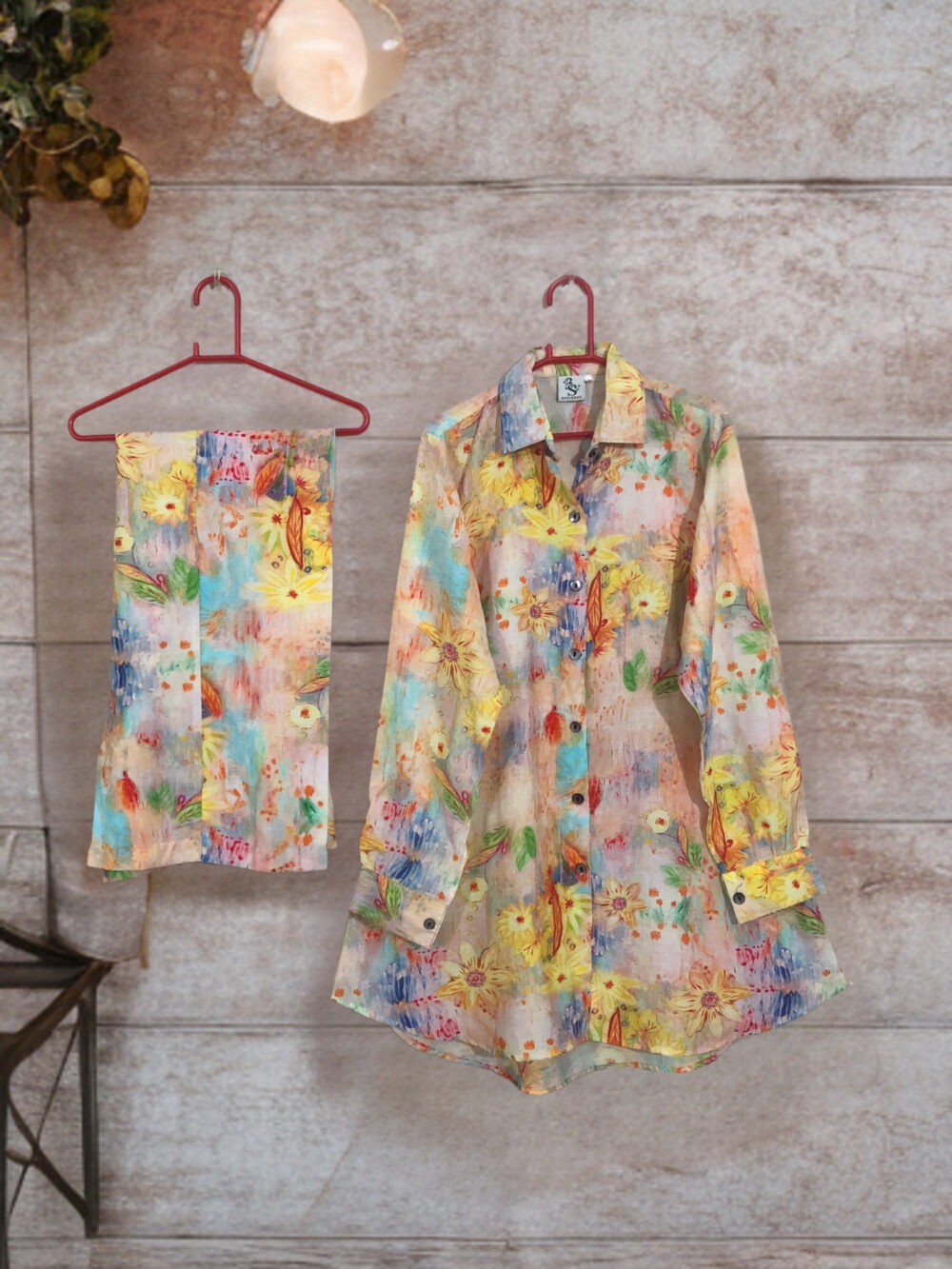 SC-0018 Women’s two piece poly lawn printed front open tale top with palazzo suit - Image 6