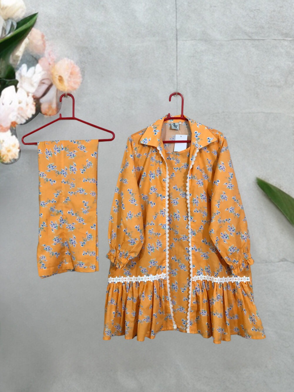 SC-0018 Women’s two piece cotton printed lace work gown with attached inner suit