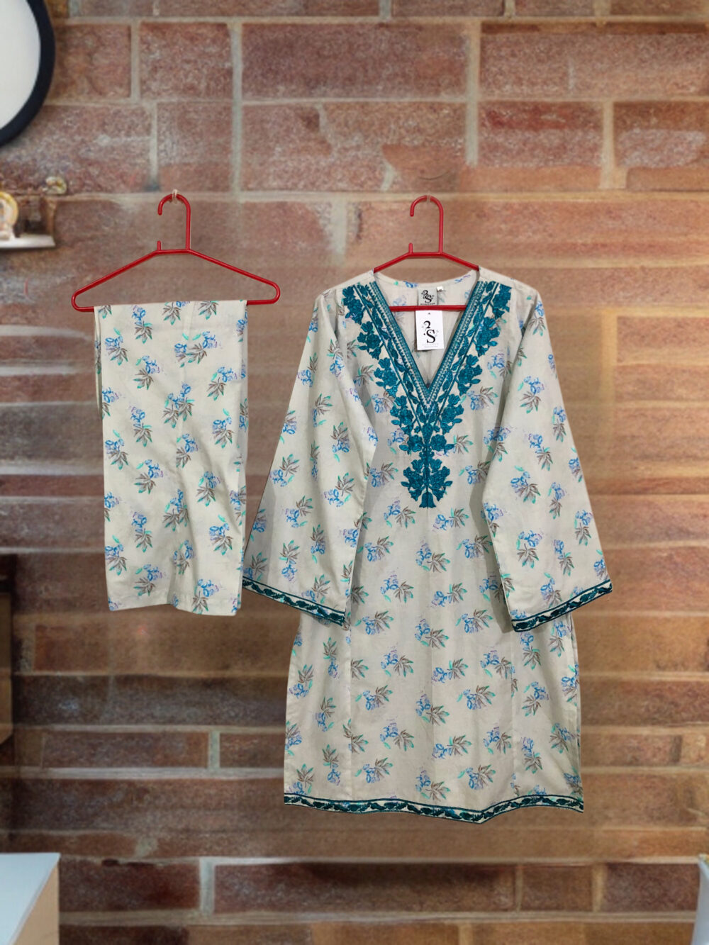 SC-0025 Women’s two piece lawn vneck embroidered kurti with bell bottom suit