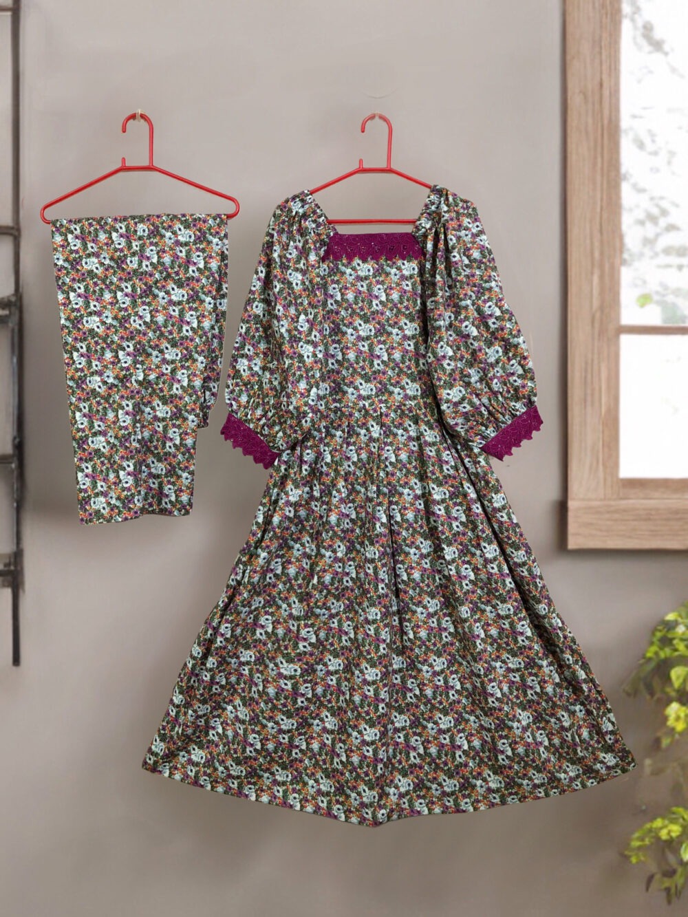 SC-0006 women’s two piece lawn printed lace work elastic shoulder long frock suit - Image 4