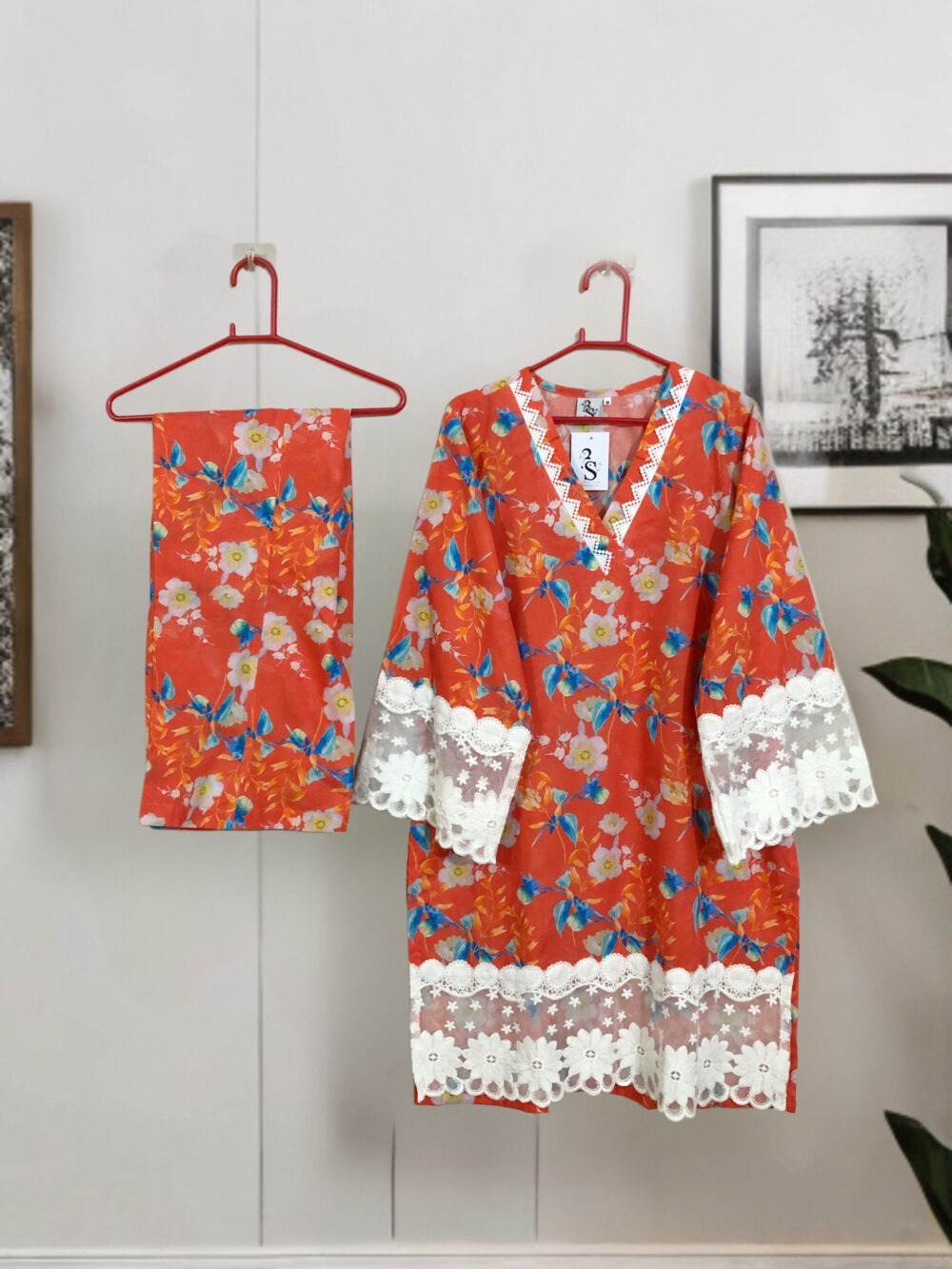 SC-0022 Women’s two piece lawn printed sleeves and border lace work bell bottom suit - Image 3