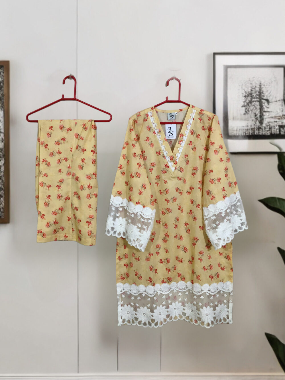 SC-0022 Women’s two piece lawn printed sleeves and border lace work bell bottom suit - Image 5