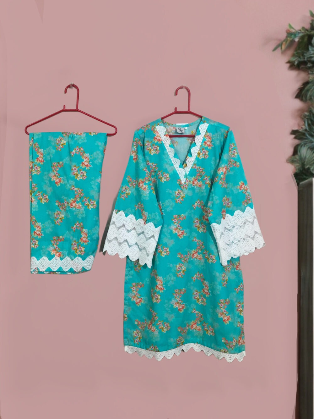 SC-0023 Women’s two piece lawn printed sleeves lace kurti with farshi shalwar suit - Image 4
