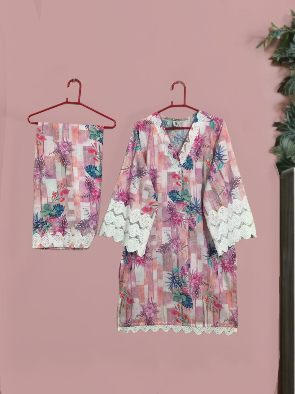 SC-0023 Women’s two piece lawn printed sleeves lace kurti with farshi shalwar suit - Image 2