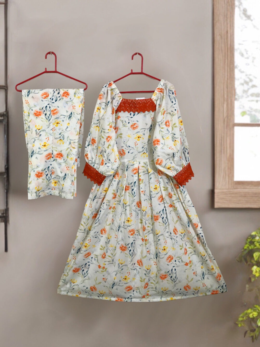 SC-0006 women’s two piece lawn printed lace work elastic shoulder long frock suit - Image 3