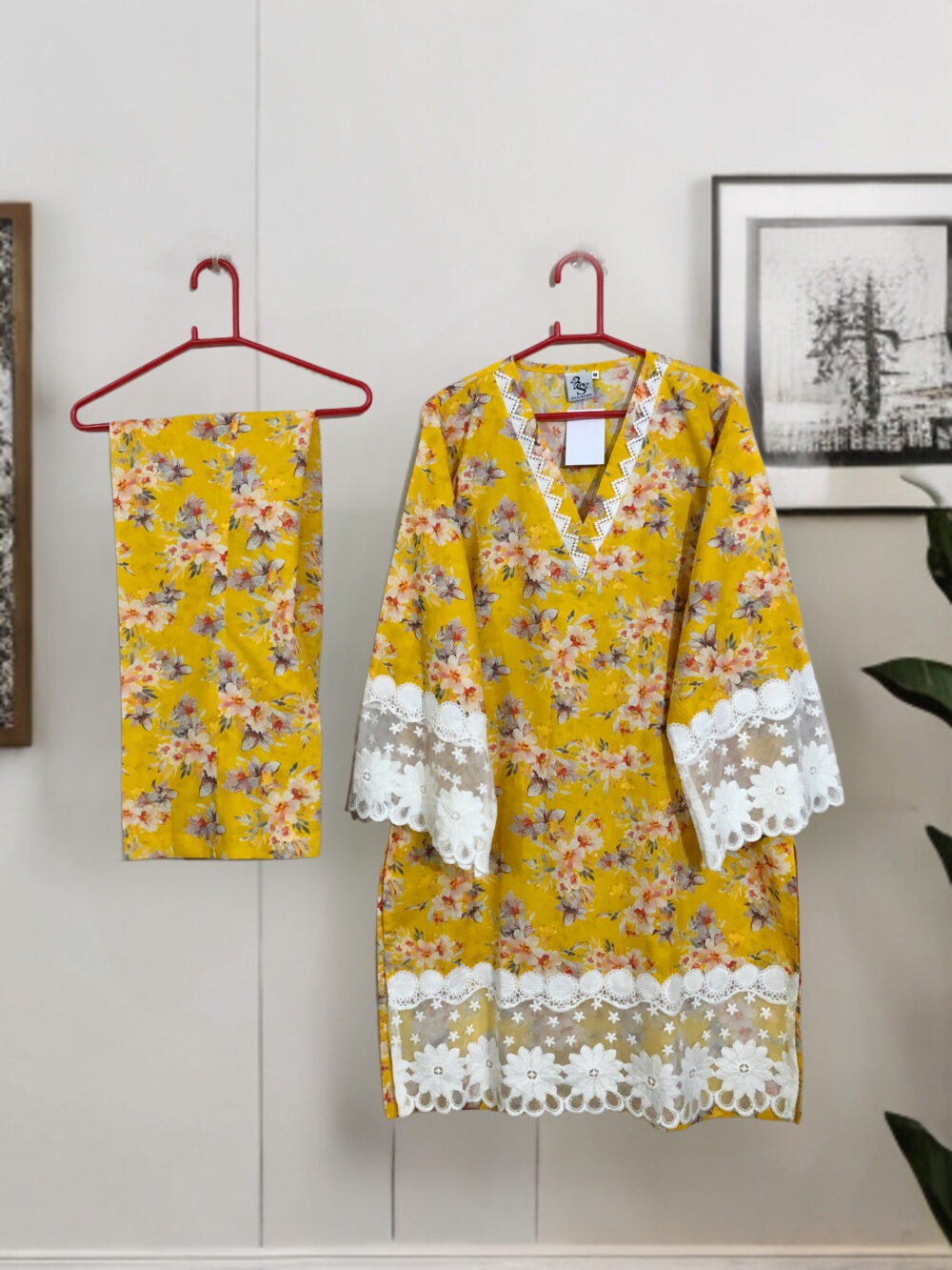 SC-0022 Women’s two piece lawn printed sleeves and border lace work bell bottom suit - Image 2