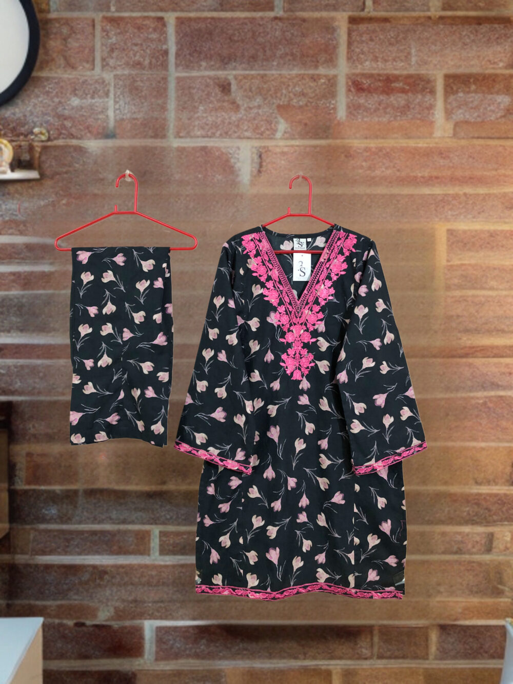 SC-0025 Women’s two piece lawn vneck embroidered kurti with bell bottom suit - Image 2