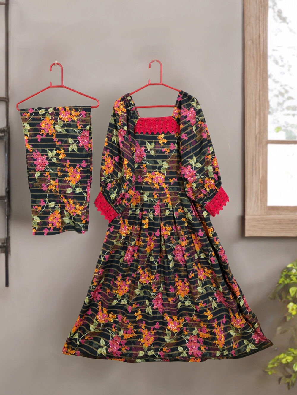 SC-0006 women’s two piece lawn printed lace work elastic shoulder long frock suit - Image 5