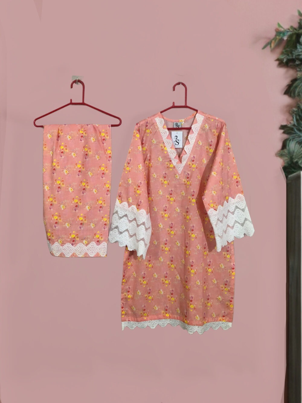 SC-0023 Women’s two piece lawn printed sleeves lace kurti with farshi shalwar suit - Image 6
