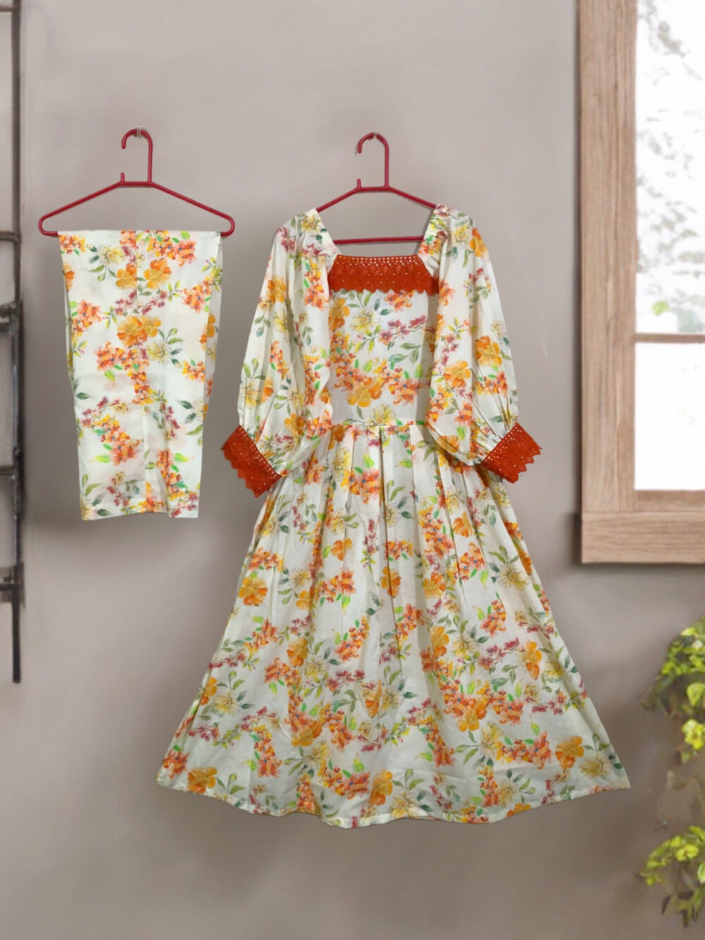 SC-0006 women’s two piece lawn printed lace work elastic shoulder long frock suit