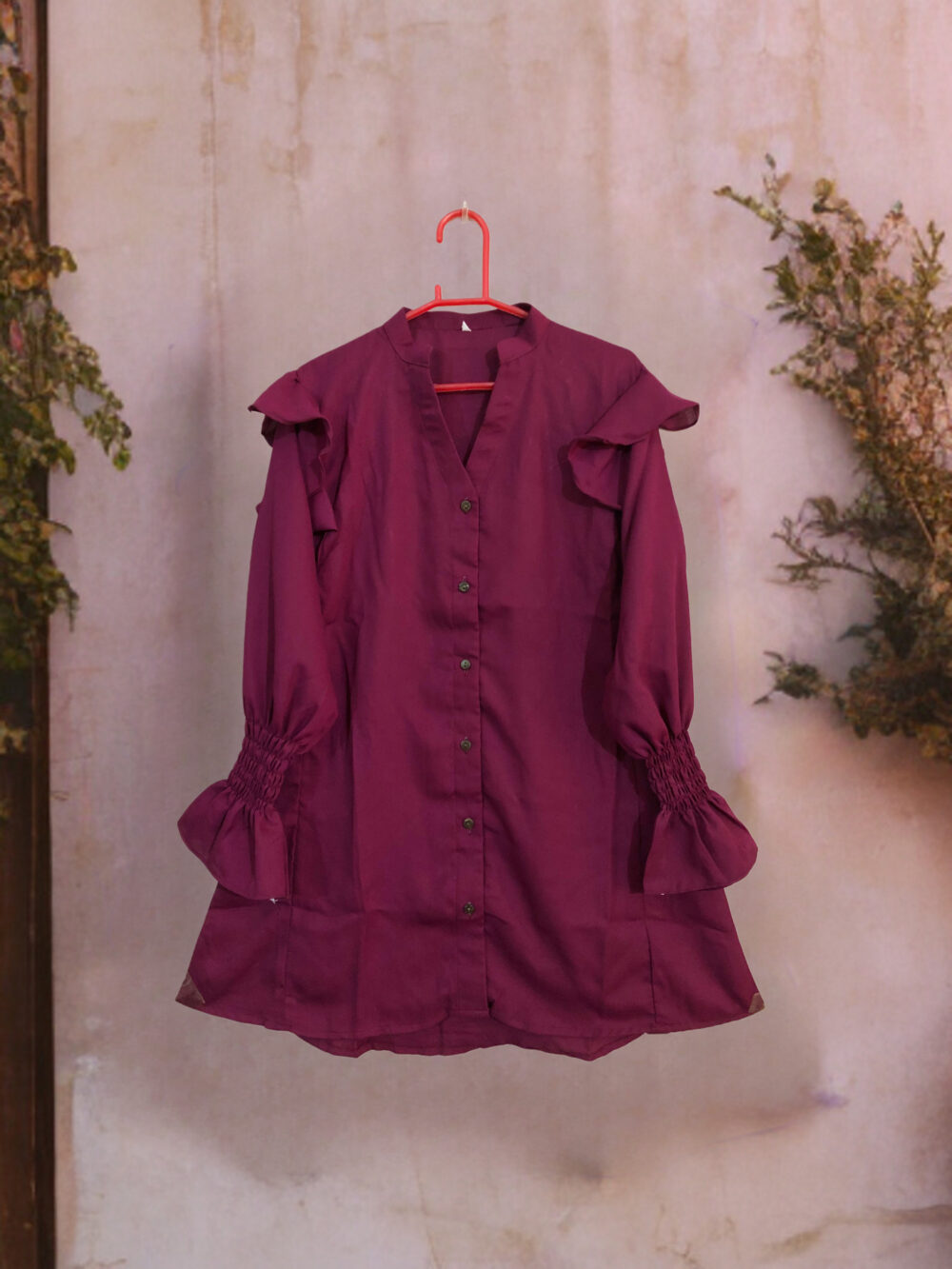 GC-0007 Women’s georgette front button shoulder frill smock sleeves top - Image 2