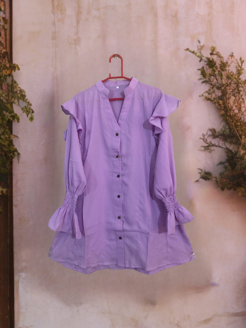 GC-0007 Women’s georgette front button shoulder frill smock sleeves top