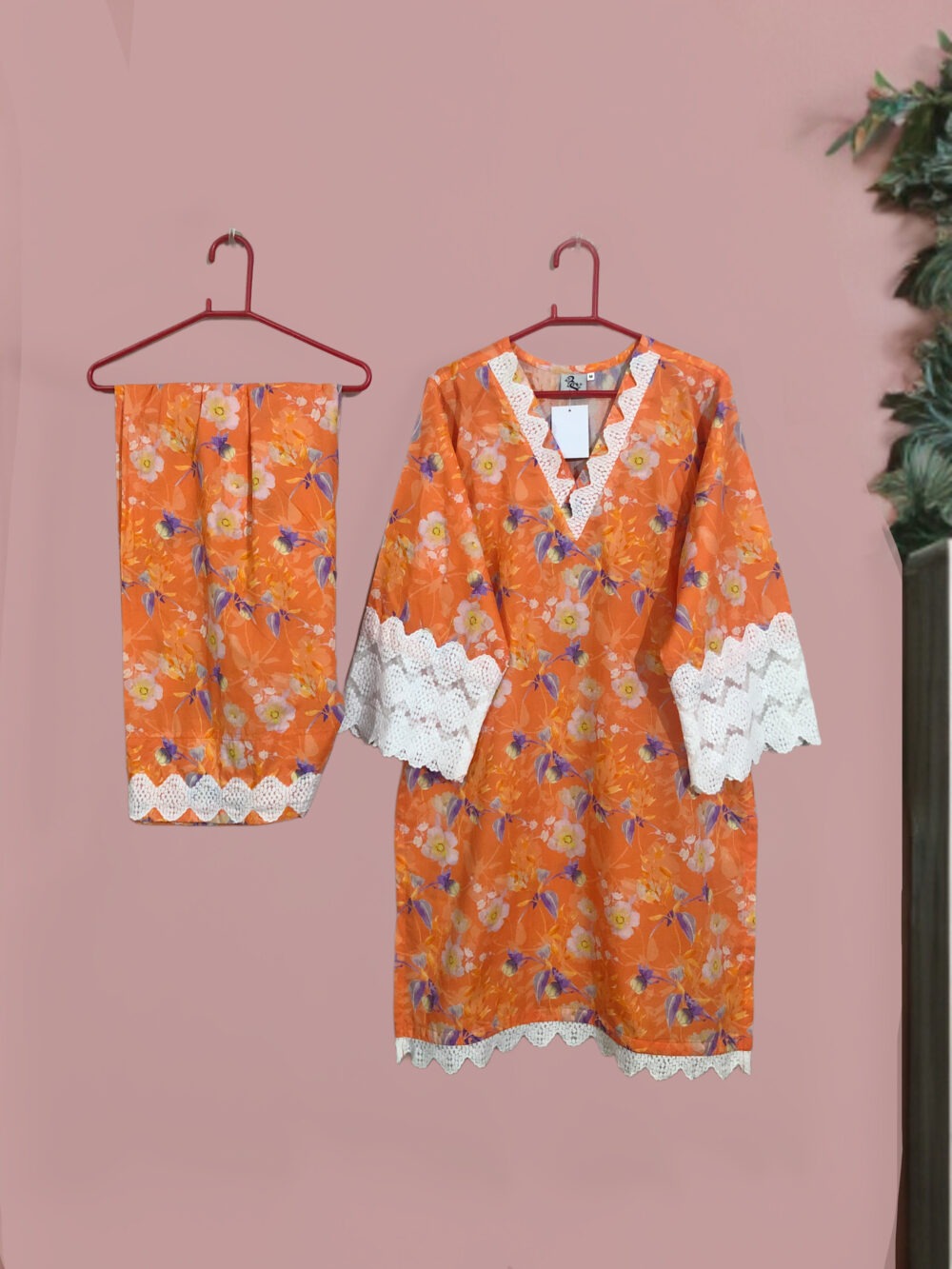 SC-0023 Women’s two piece lawn printed sleeves lace kurti with farshi shalwar suit - Image 5