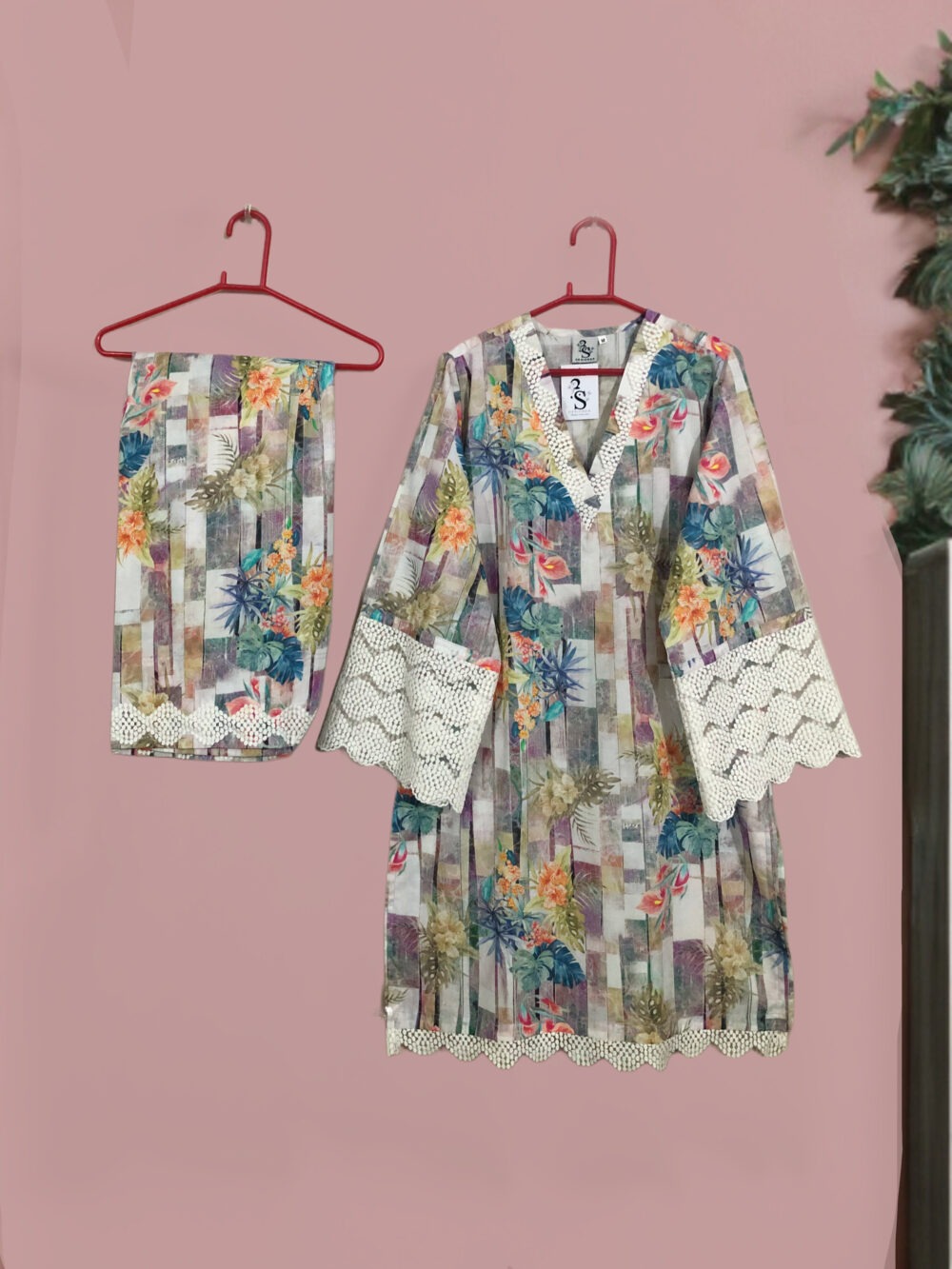SC-0023 Women’s two piece lawn printed sleeves lace kurti with farshi shalwar suit