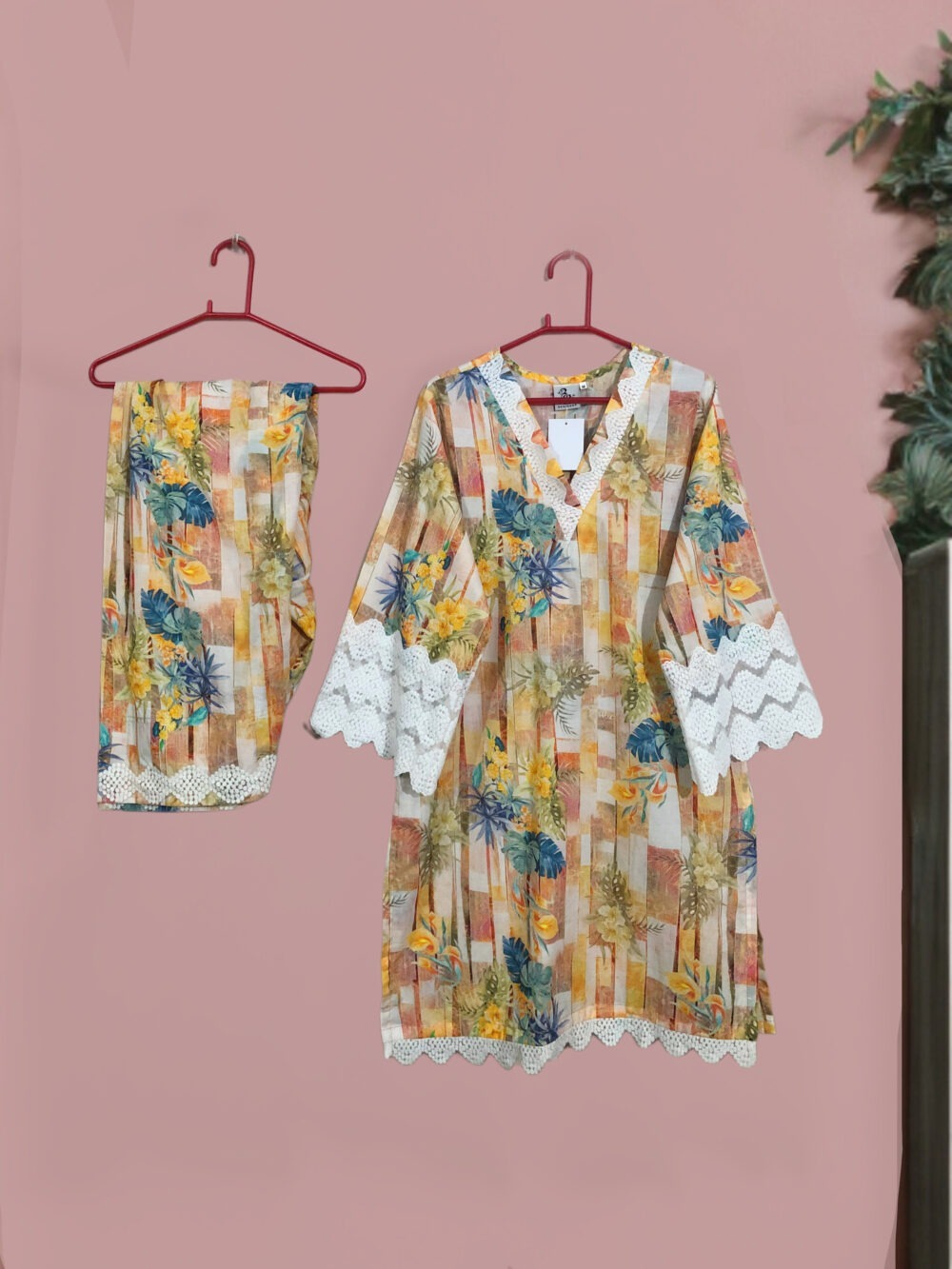 SC-0023 Women’s two piece lawn printed sleeves lace kurti with farshi shalwar suit - Image 3