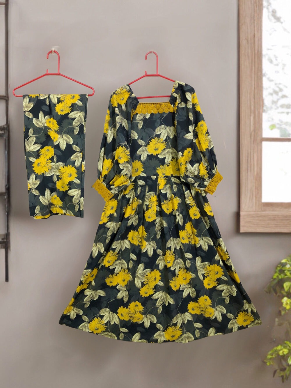 SC-0006 women’s two piece lawn printed lace work elastic shoulder long frock suit - Image 2