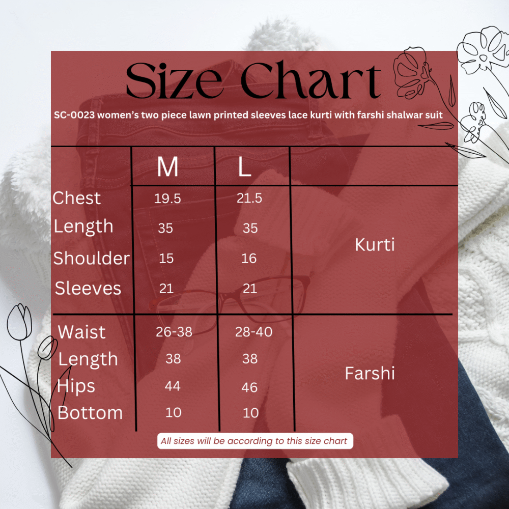 SC-0023 Women’s two piece lawn printed sleeves lace kurti with farshi shalwar suit - Image 7
