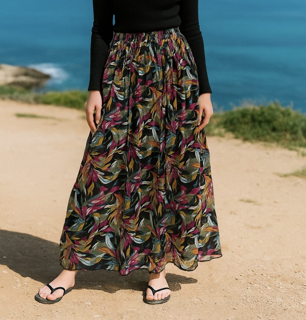 TC-0008 Women’s chiffon printed pleated wide flared hem long skirt - Image 7