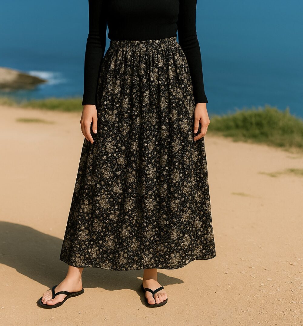 TC-0008 Women’s chiffon printed pleated wide flared hem long skirt