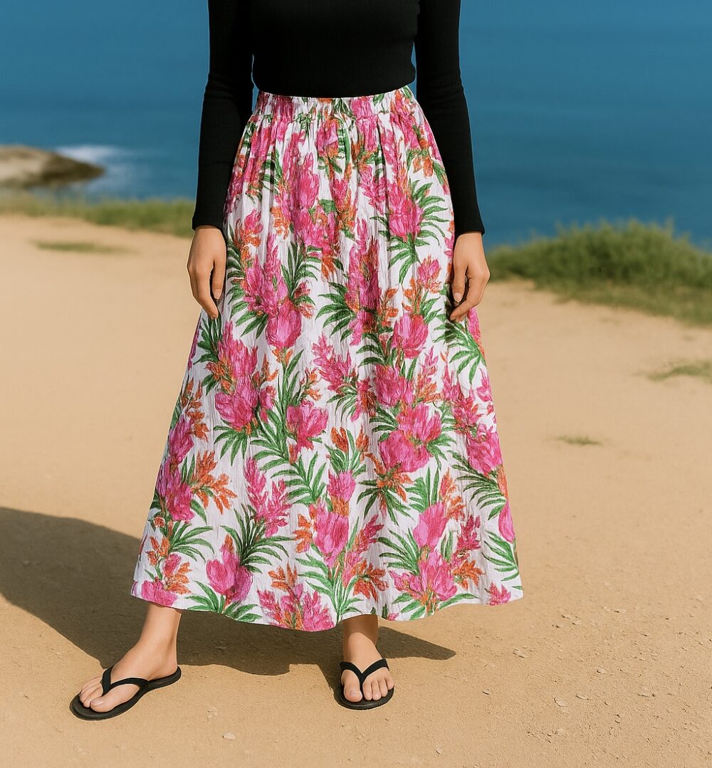 TC-0008 Women’s chiffon printed pleated wide flared hem long skirt - Image 6