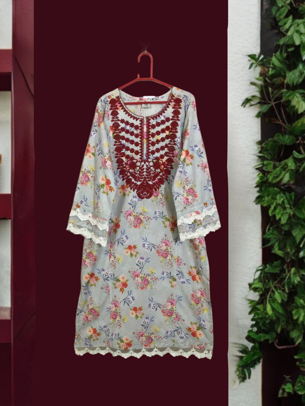 LW-0006 Women’s lawn printed front embroidered sleeves and border lace work long kurti