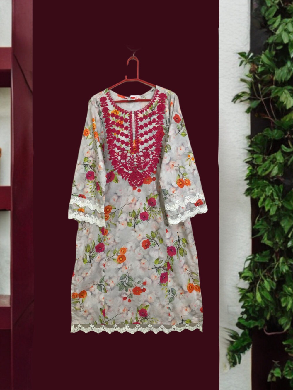 LW-0006 Women’s lawn printed front embroidered sleeves and border lace work long kurti - Image 2