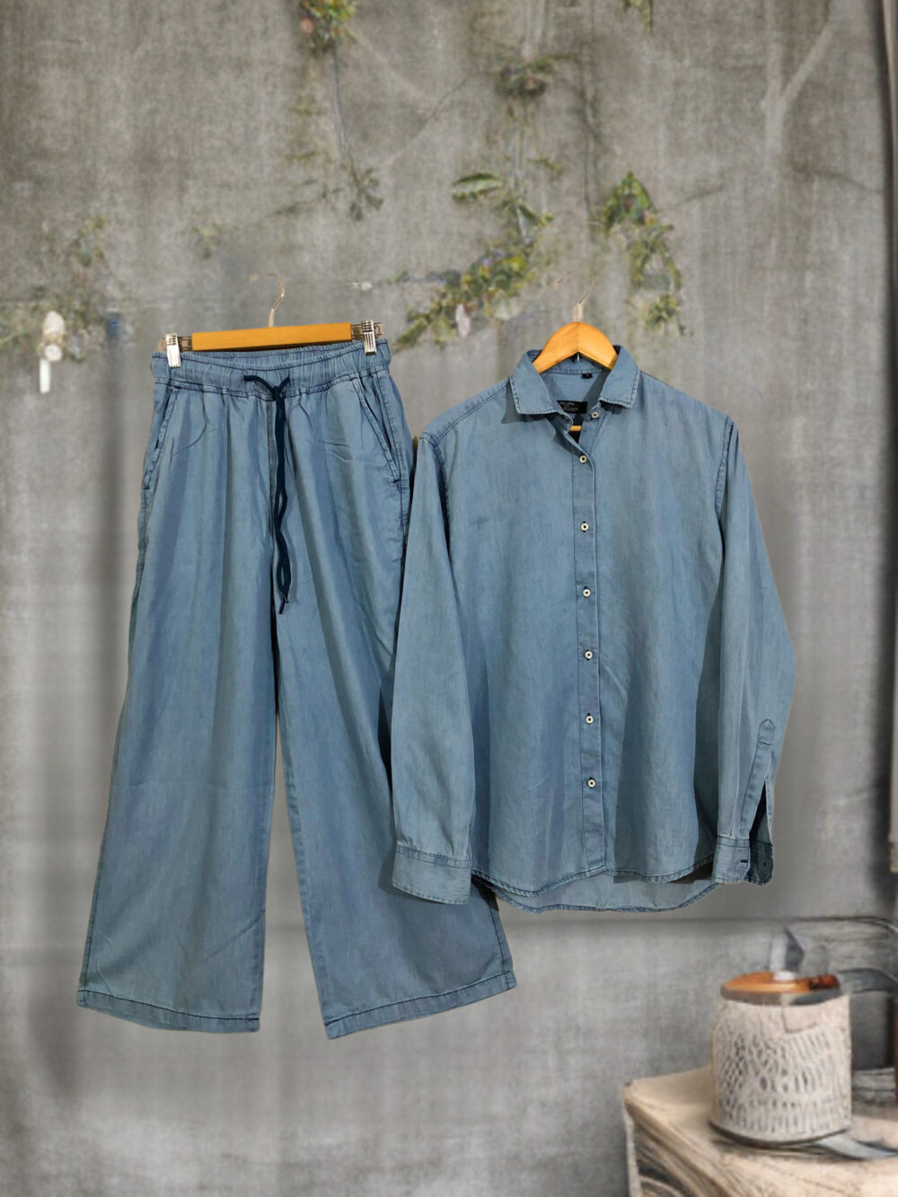 SC-0030 Women’s denim front open over size shirt with wide leg pockets palazzo suit - Image 3