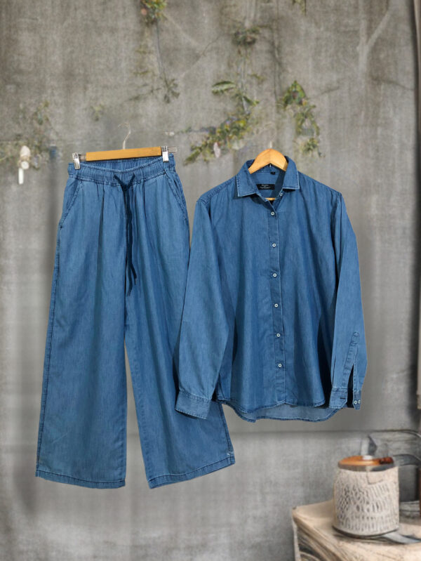 SC-0030 Women’s denim front open over size shirt with wide leg pockets palazzo suit - 1, L