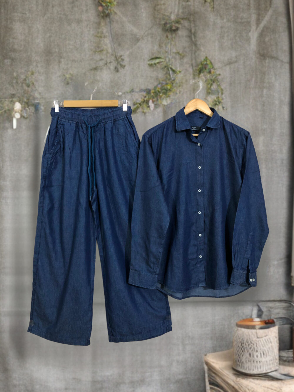 SC-0030 Women’s denim front open over size shirt with wide leg pockets palazzo suit - Image 2